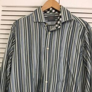 Thomas Dean Men's Striped and Plaid Shirt - Green and Blue